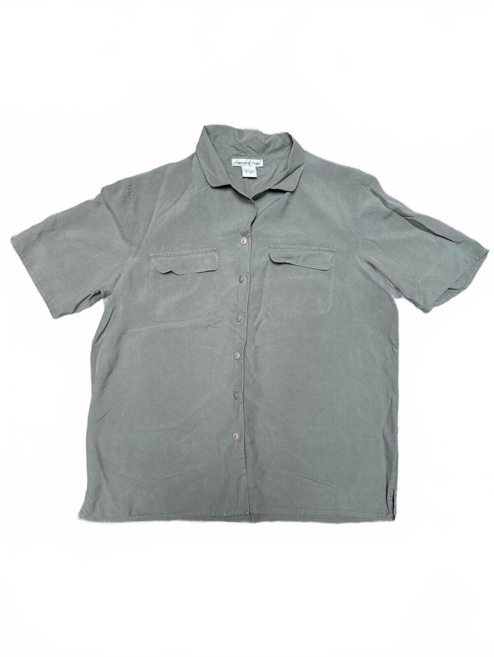 Vintage 90s Anna and Frank 100% Silk Short Sleeve Sage Green Camp Shirt Size L